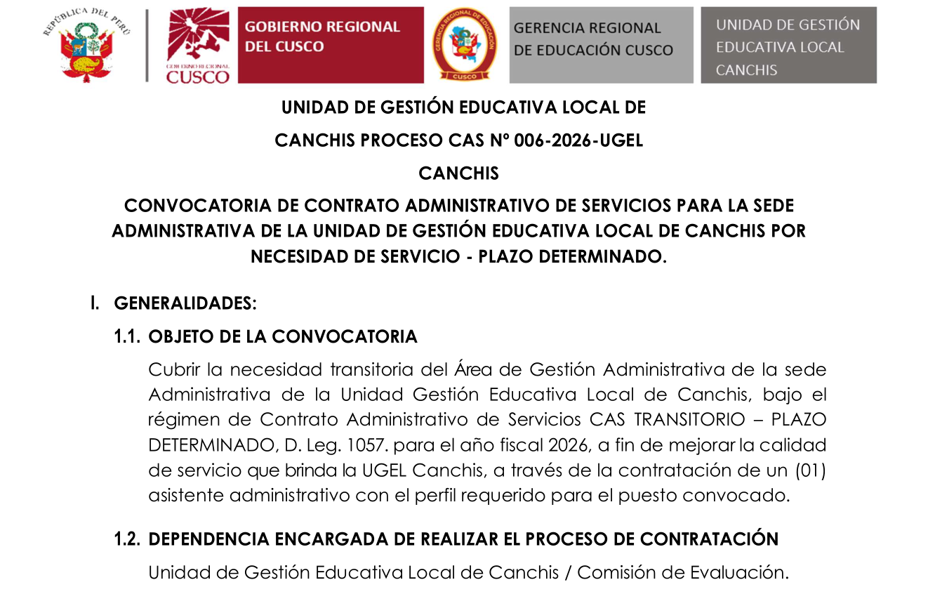 CANCHIS PROCESO CAS Nº 006-2026-UGEL CANCHIS convocatoria de contrato administrativo de servicios para la sed administrativa
